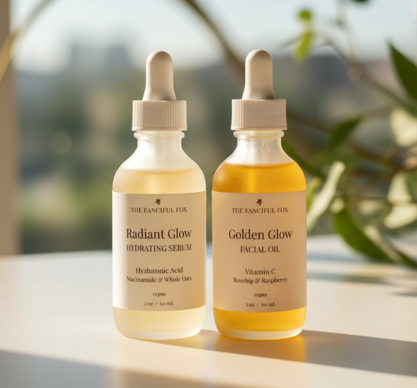 Two bottles of facial serum and oil on a blurred natural background