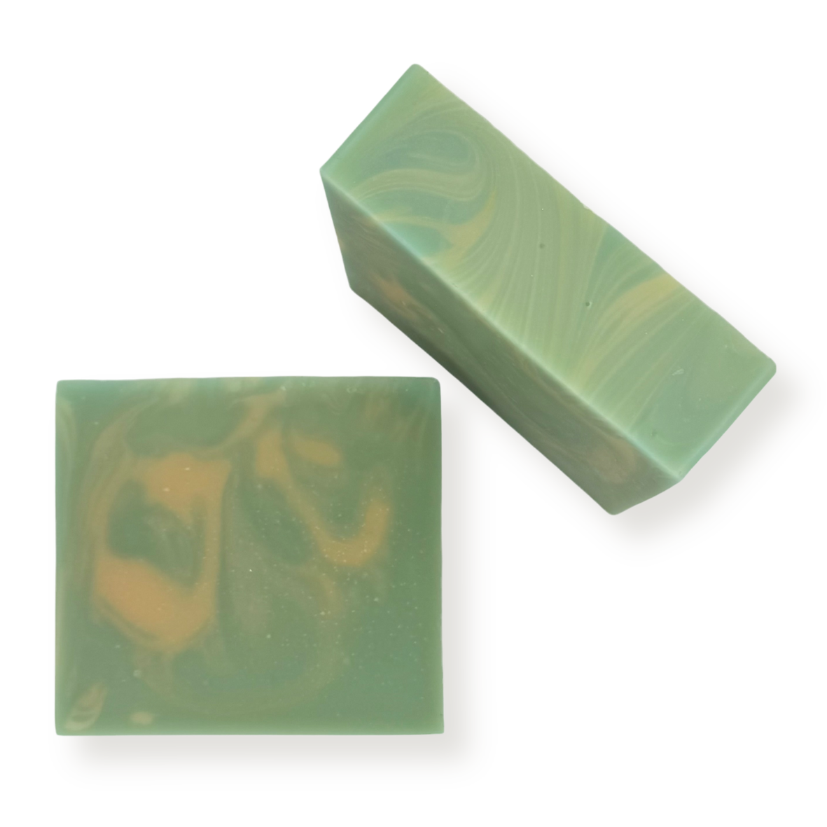 Two rectangular bars of marbled soap in sage green and pale yellow, shown on a clean white background.