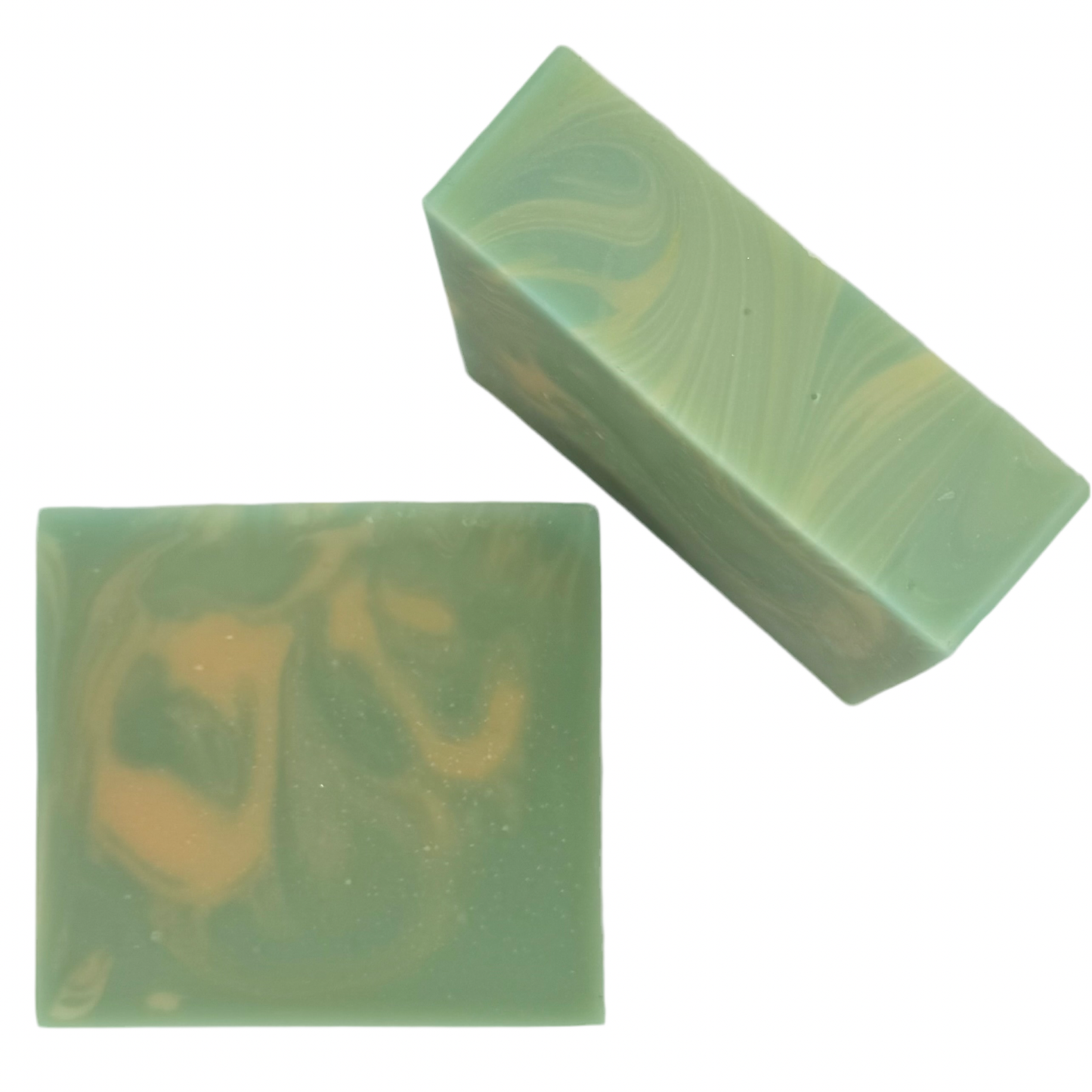Two bars of handmade soap with swirled green and blue patterns, one larger than the other, on a white background.