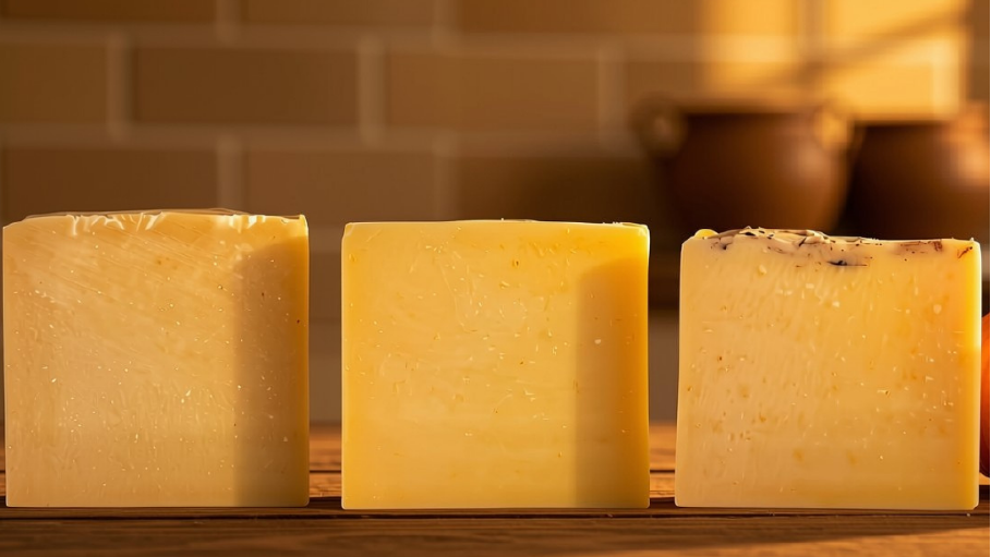 Three rectangular bars of pale yellow soap standing upright on a wooden surface, with a softly blurred warm-toned kitchen or studio background.