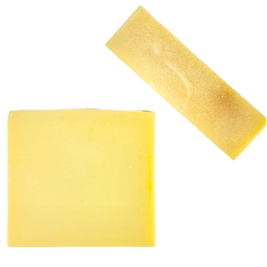 Pumpkin Lavender bar soap, one flat, one showing detail on the top of the bar, golden in color