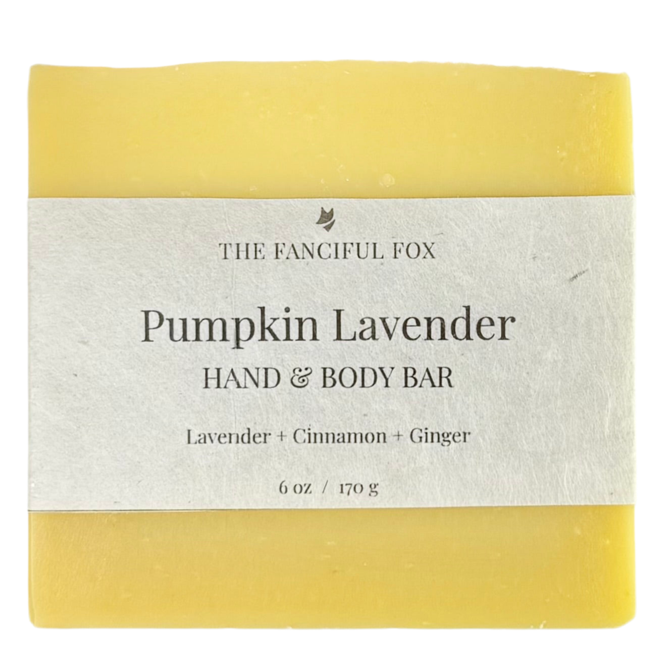 Yellow pumpkin lavender hand and body bar with a label on a white background