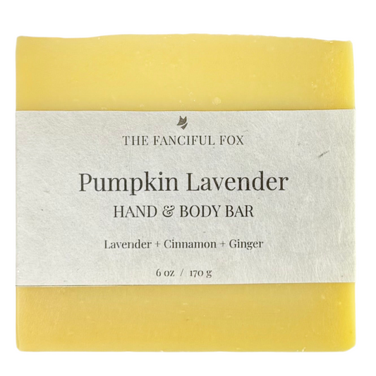 Yellow pumpkin lavender hand and body bar with a label on a white background