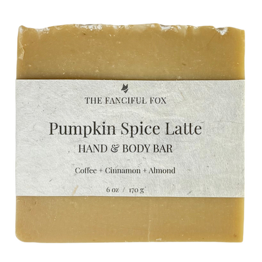 Pumpkin Spice Latte hand and body bar with 'The Fanciful Fox' branding on a white background