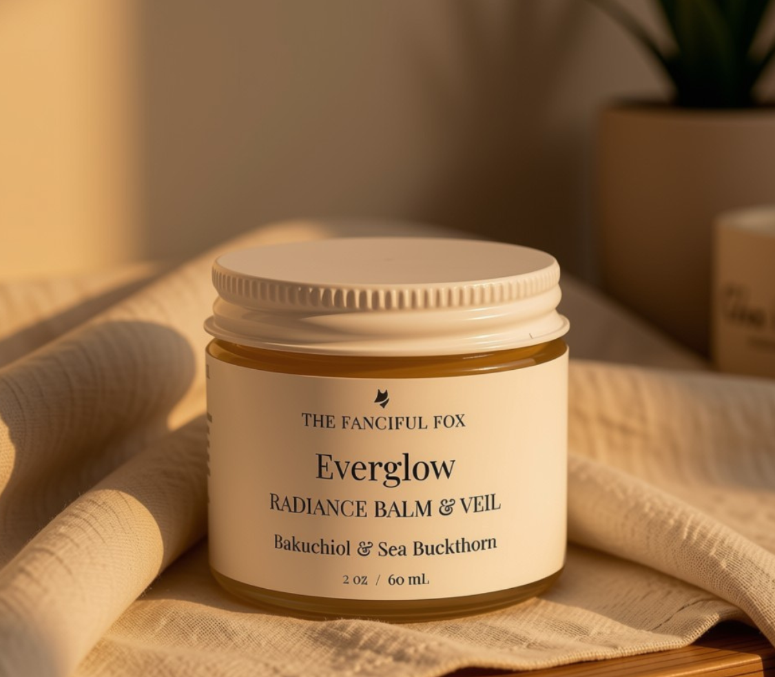 A jar of The Fanciful Fox Everglow Balance Balm & Veil moisturizer shown on a wooden surface with a blurred background of books and a lamp. The image includes descriptive text overlays in a warm tan font.
