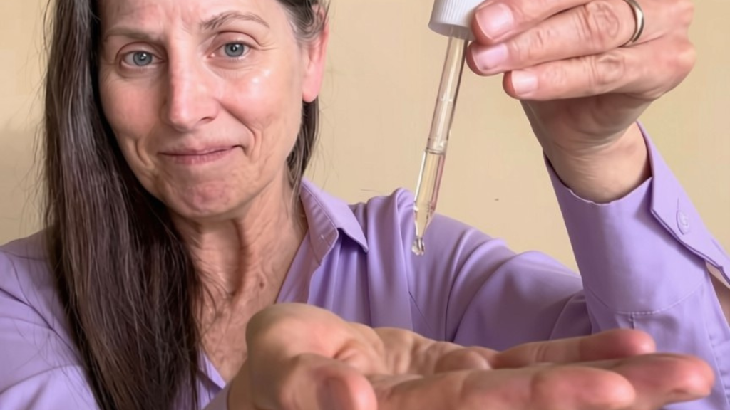 A woman in a lavender button-up shirt holds a glass dropper above her palm, showing a drop of serum or oil about to be applied. She is wearing a ring on her left hand, and the background is a plain beige wall.